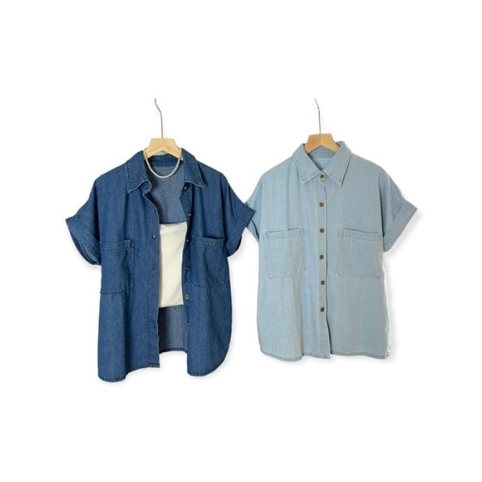 Grosir Pauline Denim Shirt - Kemeja Jeans Denim Wanita Lengan Pendek 9063