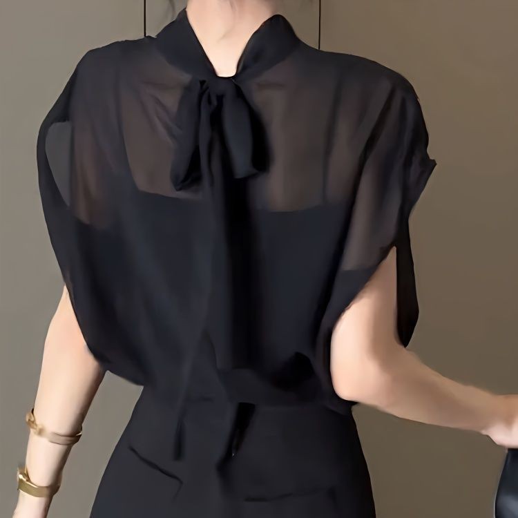 Hitam untuk Wanita Tulle Busur Kemeja Sifon Lengan Pendek