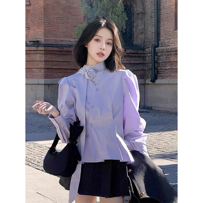 Kemeja Lengan Panjang Ungu Longgar Gaya Korea untuk Wanita