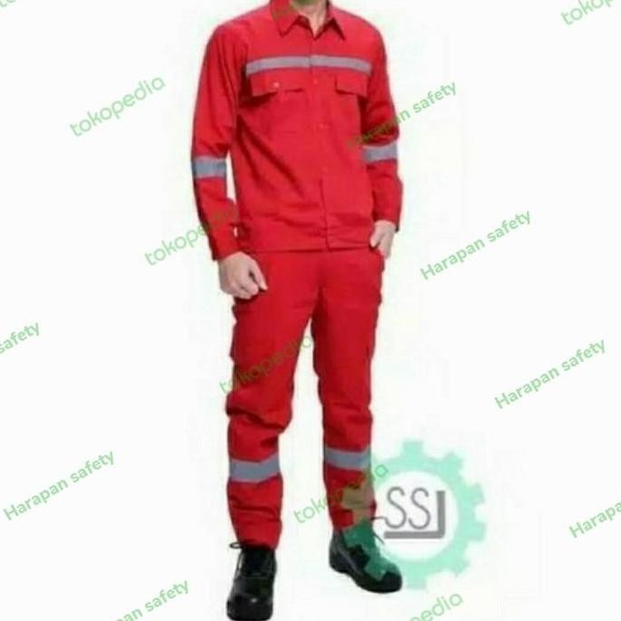 Tersedia Baju safety k3 proyek setelan merah / seragam pria baju celana