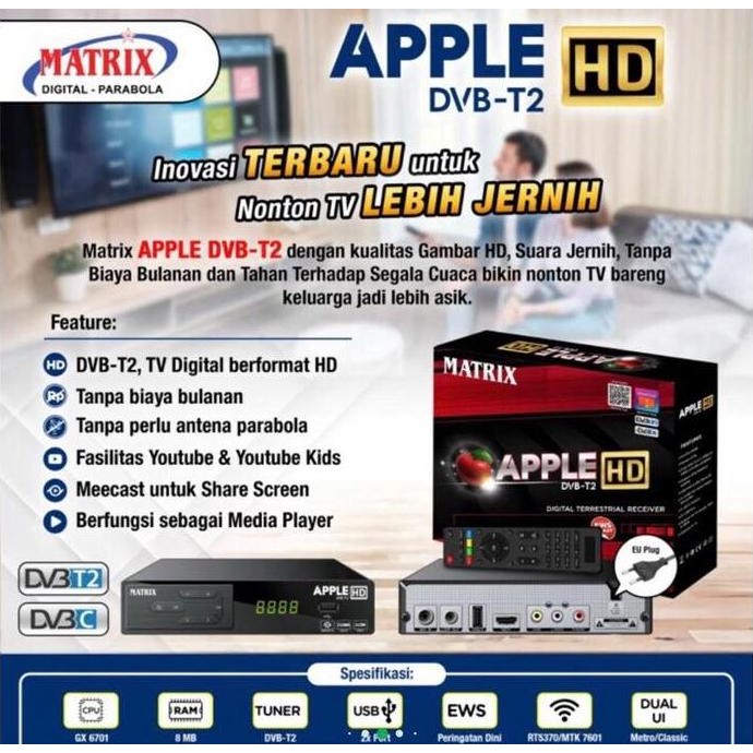 PAKET SET TOP BOX DVBT2 MATRIX APPLE HD NEW MERAH + KABEL HDMI