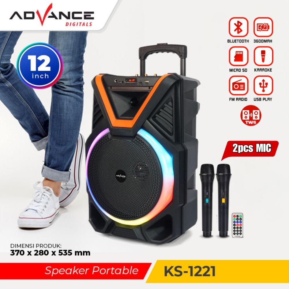 Bisa dikirim hari iniAdvance Speaker Bluetooth Karaoke TWS 12inch+2xMic Wireless 1221