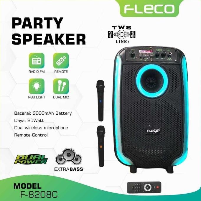 Grosir Speaker Karaoke Bluetooth Portable 8.5" True Wireless Party Speakers Fleco F8208C / Fleco F 8
