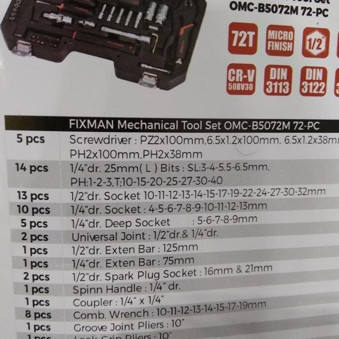 Fixman Mechanical Tools Set Tools Box OMC B5072M -72 Pc murah