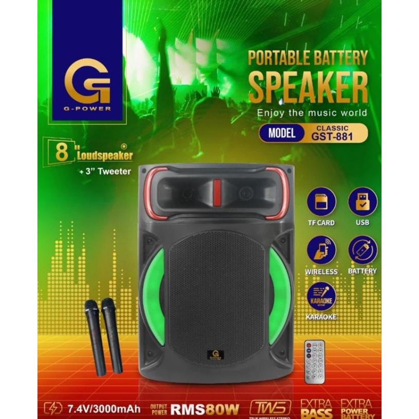 Grosir Speaker Portable G-Power Gst 881Clasicc / Gst 881 8 Inch 2 Mic Wireless Bluetooth Box Kayu
