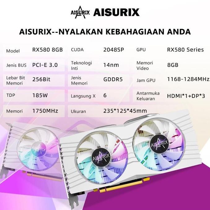 TERBARU - AISURIX baru VGA Card RX 580 8GB ddr5 Kartu grafis bercahaya RGB RX580