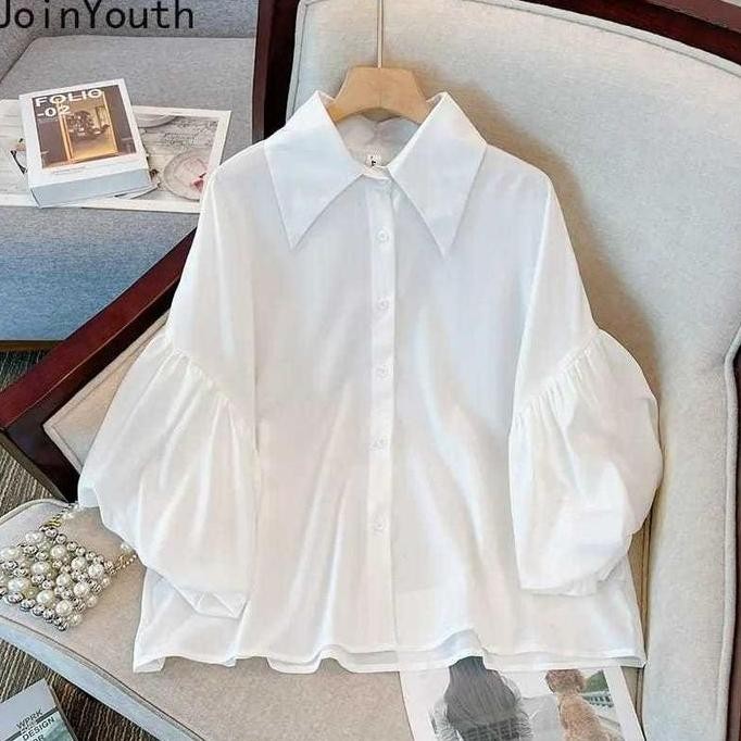 Tersedia Kemeja Polos Wanita Atasan Jumbo Oversize Lengan Rempel/Balon Hitam Putih Bahan Crinkle Lem