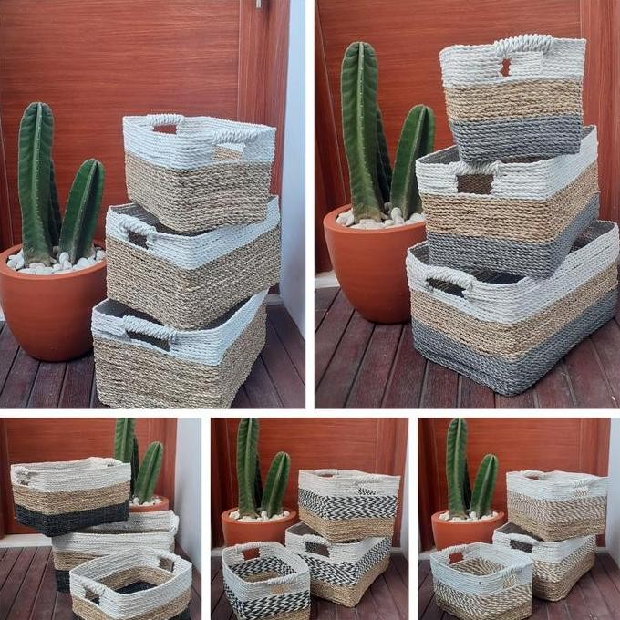 

Terlaris Box Keranjang Seagrass Handle Natural Putih Storage Box Multifungtion