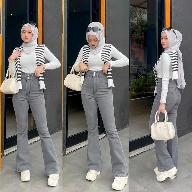 Tersedia Celana Highwaist Cutbray Kancing 2 (cky) Jeans Wanita Panjang Cewek Denim Skinny Karet Hita