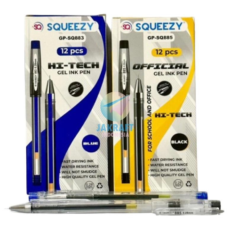 

(12 Pcs) Pulpen Gel Pen SQUEEZY GP-SQ885 Hitam Black | GP-SQ883 Biru Blue Hi-Tech Official Needle Tip 0.28 mm Ultra Fine