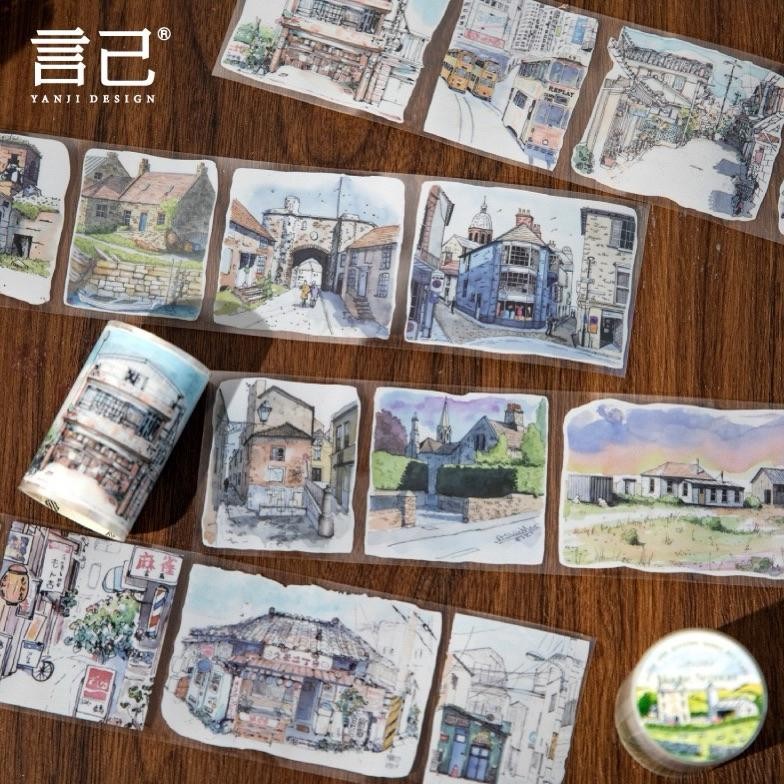 

(4D) washi tape selotip transparan pastel pemandangan kota desa village city scenery AST