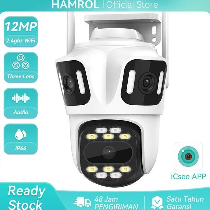 Tersedia Hamrol 12MP Three Lens Three Screen Kamera WiFi PTZ Outdoor Waterproof Wireless CCTV Securi