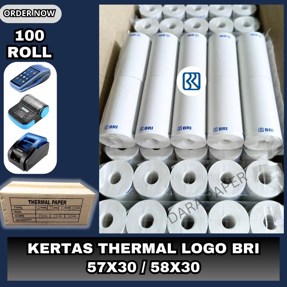 

100 ROLL KERTAS THERMAL LOGO BRI 57X30 / 58X30 AST