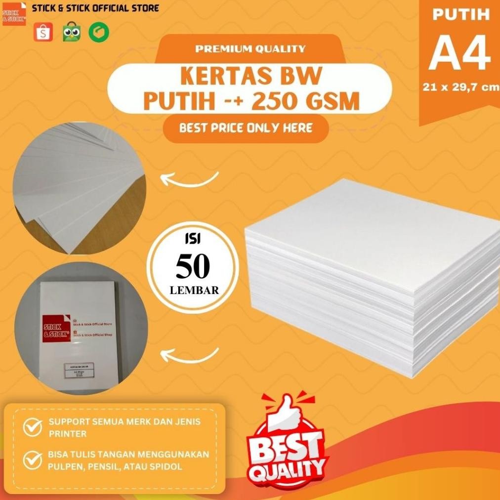 

Kertas BW Putih 250 gsm A4 isi 50 lembar Premium Quality AST