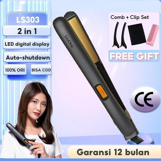 LivChic 2IN1 Catok Rambut untuk Meluruskan dan Keriting LS303 Merah Catokan Sisir Berkualitas