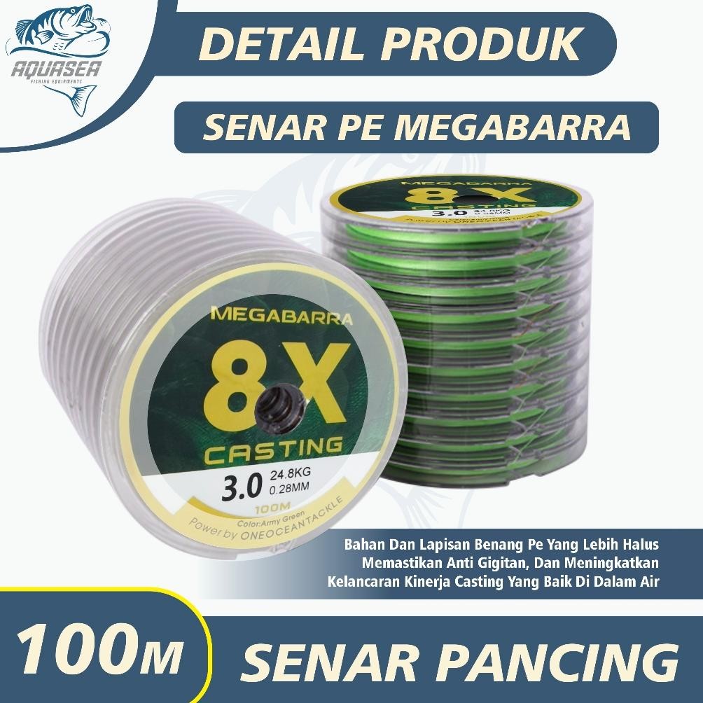 Aquasea - Tali Pancing 100meter Senar Pancing Megabarra Japan Pe Nilon 8x 100m 8 Helai Senar Pancing