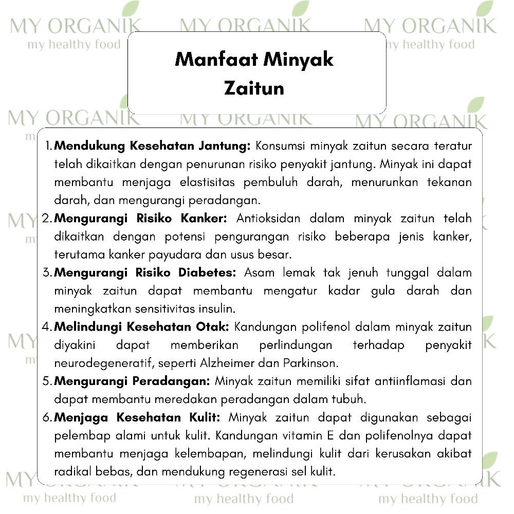 

My Organik 1 liter EVOO Extra Virgin Olive Oil Minyak Zaitun Murni