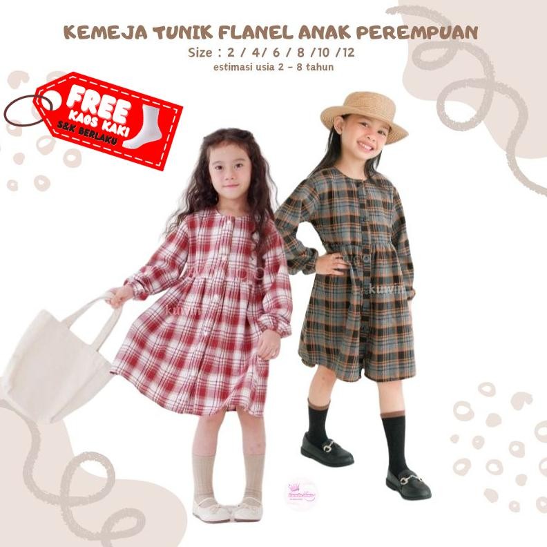 Tunik Anak Perempuan | Kemeja Tunik Anak Perempuan Kotak-Kotak Bahan Flanel Estimasi 2-8 Tahun AST