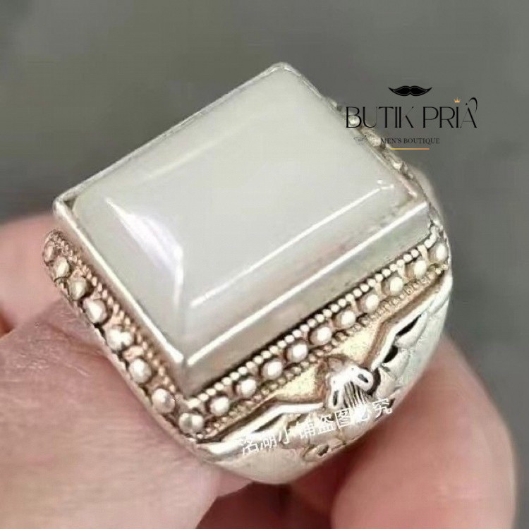 White Jade Ring Object Adjustable Pure Silver Inlaid Sheep Fat Jade Ring Antique Style