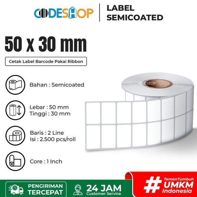 

DISKON Label Semicoated 50 x 30 mm Cetak Printer Barcode 50x30 mm 2 Line