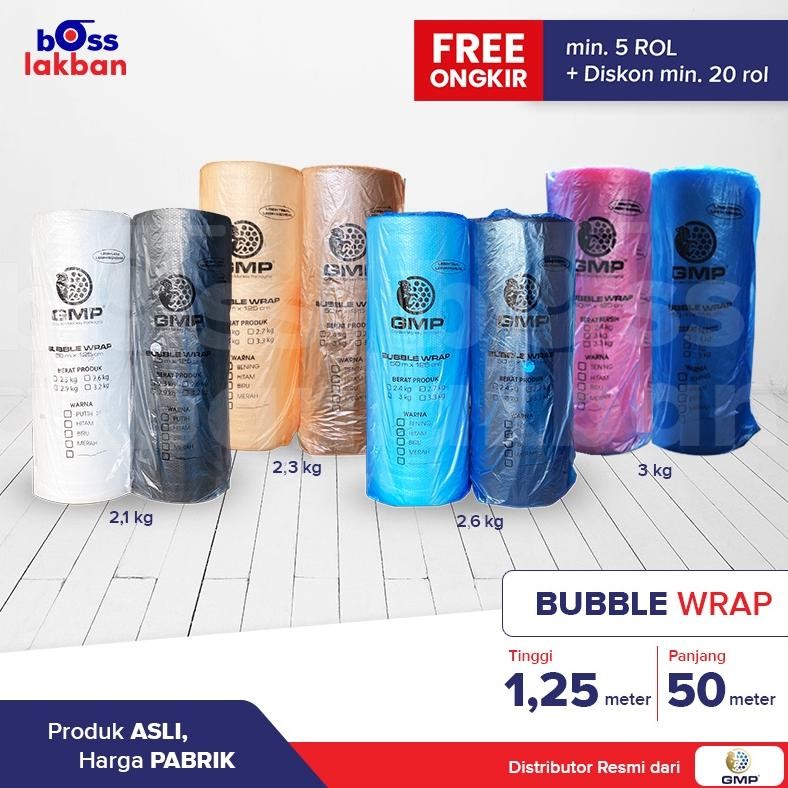 

Produk Baru!! Bubble Wrap GMP 125cm x 50m Hitam Bening Merah Biru Roll