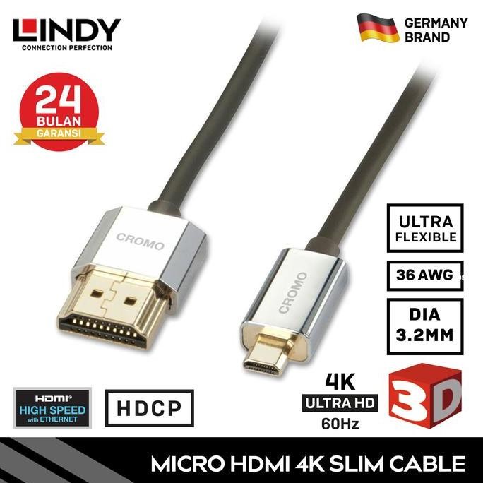 Kabel HDMI LINDY Ultra Slim 2.0 Micro HDMI to HDMI 4K 60Hz Cromo - 1M