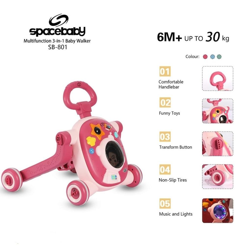 KHUSUS LUAR KOTA - SPACE BABY SB 801 Baby Walker 3 in 1 Push Walker ( WALKER, SCOOTER & PUSH BIKE ) 