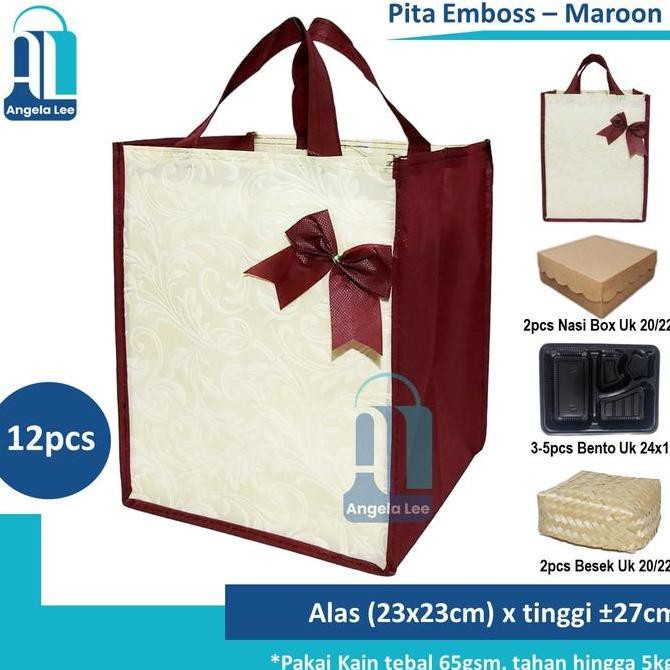 

ready stock 12pcs Tas Kain Spunbond Pita Emboss Polos muat 2 box nasi kotak Besek 20/22cm Hajatan Syukuran Pesta
