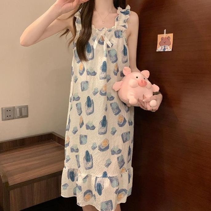 ready stock Ji Hye Dress Daster Tidur Aesthetic dengan Cup Bra Piyama Korea Wanita Import Tanpa Leng