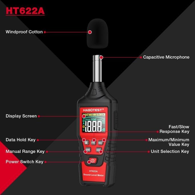 HABOTEST HT622 Digital Sound Level Meter Noise Meter Logger 30~130dbA Digital dB Meter Noise Measuri