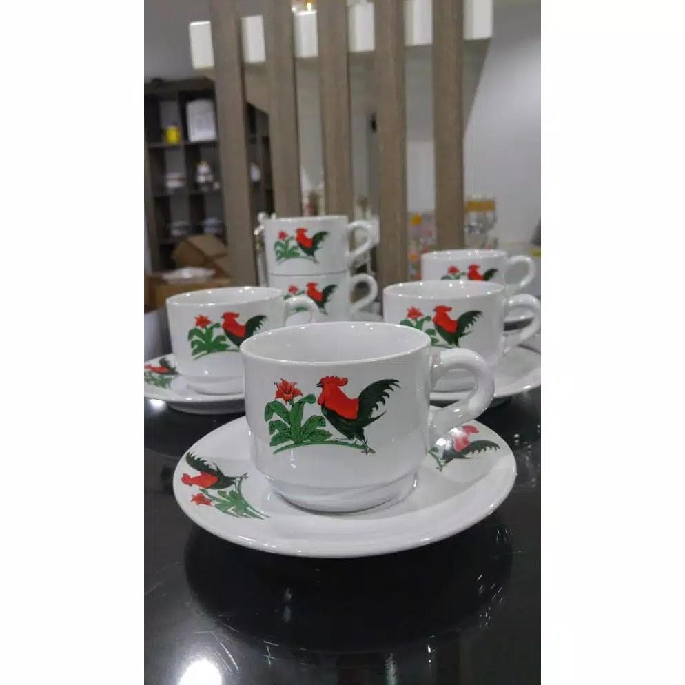 Set 6 Pcs Cangkir Keramik Ayam Jago Tea Set Tradisional Jadul Original