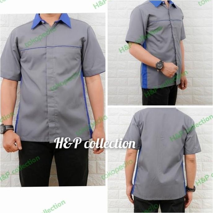 KEMEJA SERAGAM KERJA ABU POLOS COMBI BIRU.