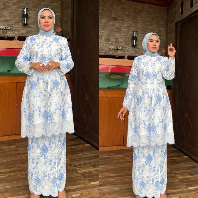 Set Kurung Melayu Bahan Katun Bordir Kerancang