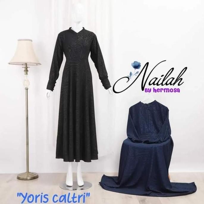 [Gamis hermosa] Gamis embos hermosa motif abstrak bahan yoris caltri warna hitam-gamis hitam umbrell