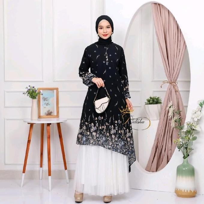 Delisha - Alma Tunik Hitam Ceruty Baby Doll Premium Berfuring Mewah Busui