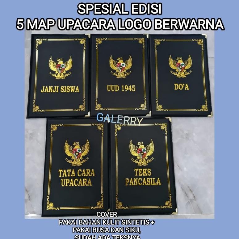 

sele paket 5 map logo berwarna/bahan kulit sintetis pakai busa dan siku, sudah ada teksnya