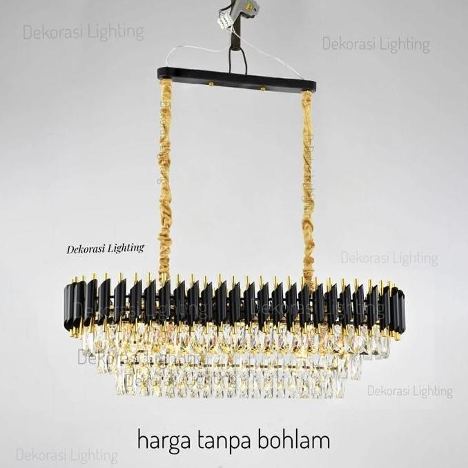 Lampu gantung kristal hitam gold 100cm panjang 15 lampu kristal 3susun