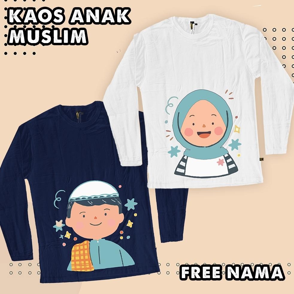 Baju Kaos Anak Lengan Panjang Kaos Muslim Muslimah Free Nama Sablon Nama Unisex Usia 1 - 10Tahun AST
