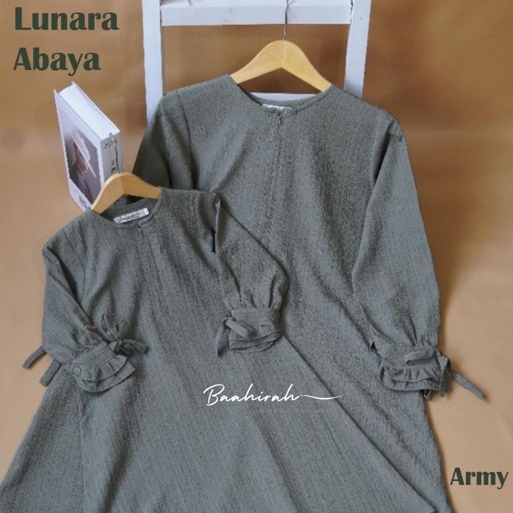 Baahirah - Lunara Abaya Couple Ibu Anak Warna Hijau Army / Abaya Polos / Baju Muslim Keluarga AST