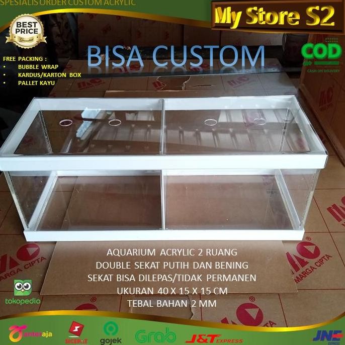 Aquarium Akrilik 2 Ruang Free Tutup 40X15X15 Cm - Sekat Bisa Dilepas