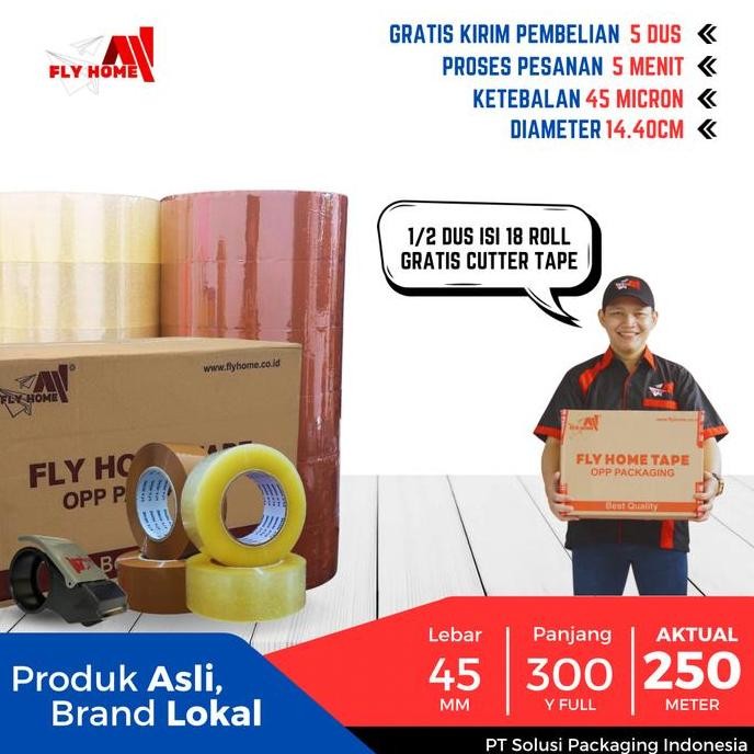 

Flyhome Lakban Bening Coklat 45X300Yard 18Roll 2Inchi Ukuran Full 1/2Dus Co