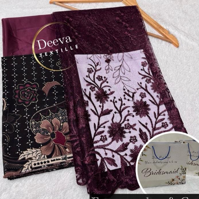 Setpaket Kain Desmaid Tile Sakura Bordir Satin Furing Batik Set Desmaid Kain Kebaya