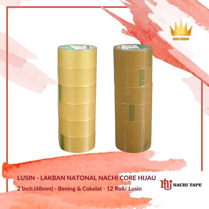 

Lakban Plakban NACHI BOPP OPP NATIONAL Core Hijau 2 inch/ 48mm X 90 Yard, Bening/ Cokelat - Lusin