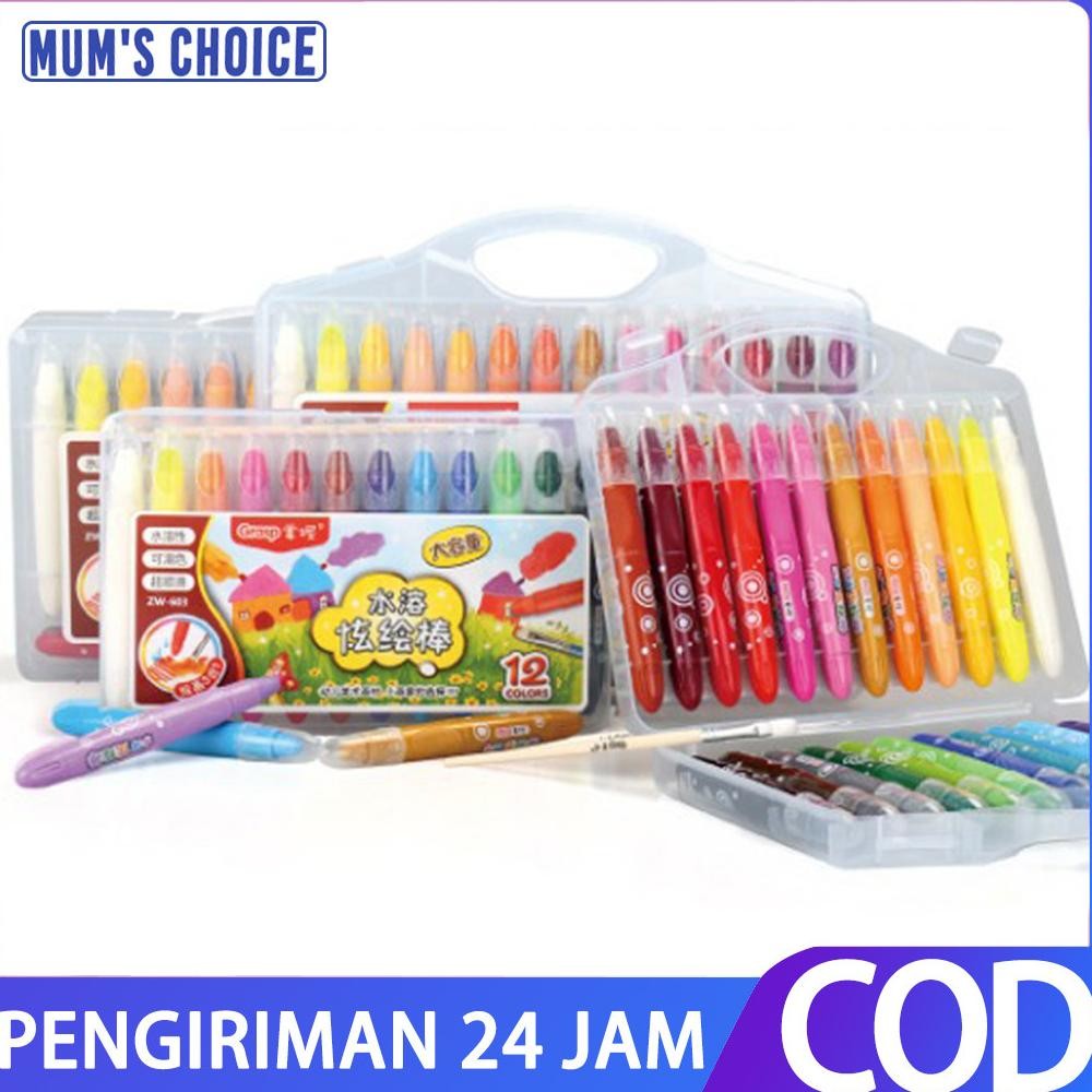 

baru crayon anak 12/36/48pcs krayon water soluble warna cerah kuas pegangan mudah digenggam