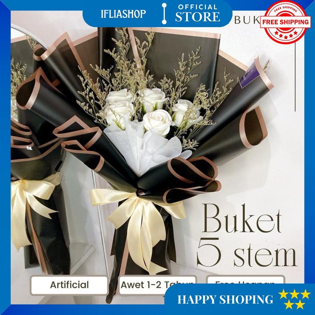 Buket Bunga Mawar 5 Stem Spon/Buket Bunga Artificial Premium/Buket Ulang Tahun Buket Wisuda Best Sel