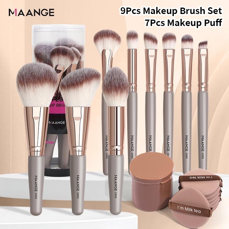 

baru maange 9pcs kuas makeup + 6pcs puff + ember storage 5886 - set rias lengkap