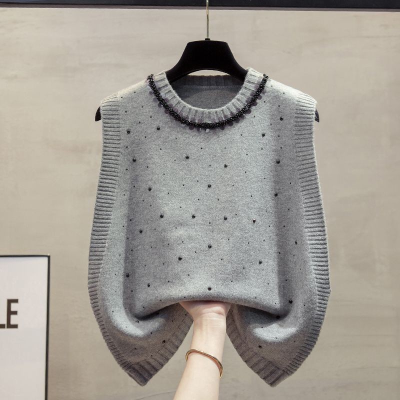 Rompi Rajut Berhias Rhinestone untuk Wanita, Pakaian Luar Longgar, Rompi Sweater Berlapis