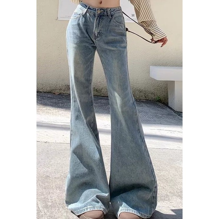 Verve WardrobeJeans Flare Warna Terang Retro Amerika Yang Dicuci Untuk Wanita Celana Panjang Tapal K