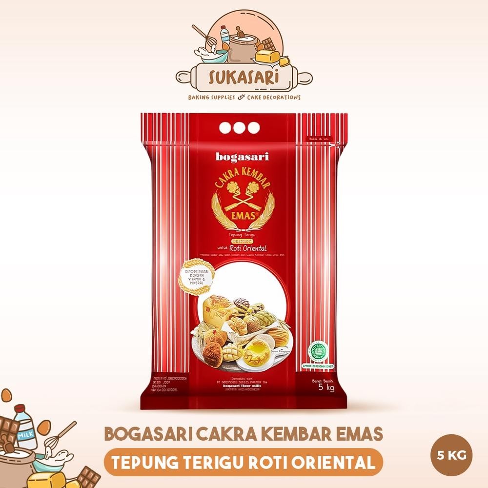

Sukasari - Tepung Terigu Bogasari 5kg Cakra Kembar Emas / Tepung Roti Oriental SV13