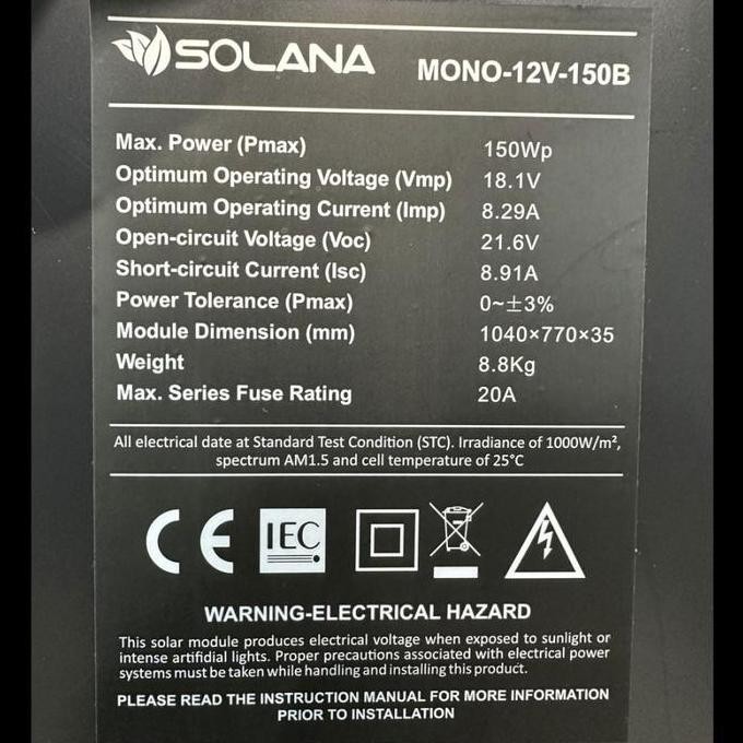 SOLANA SOLAR CELL/PANEL SURYA/SOLAR PANEL MONOCRYSTALLINE 12V 150WP